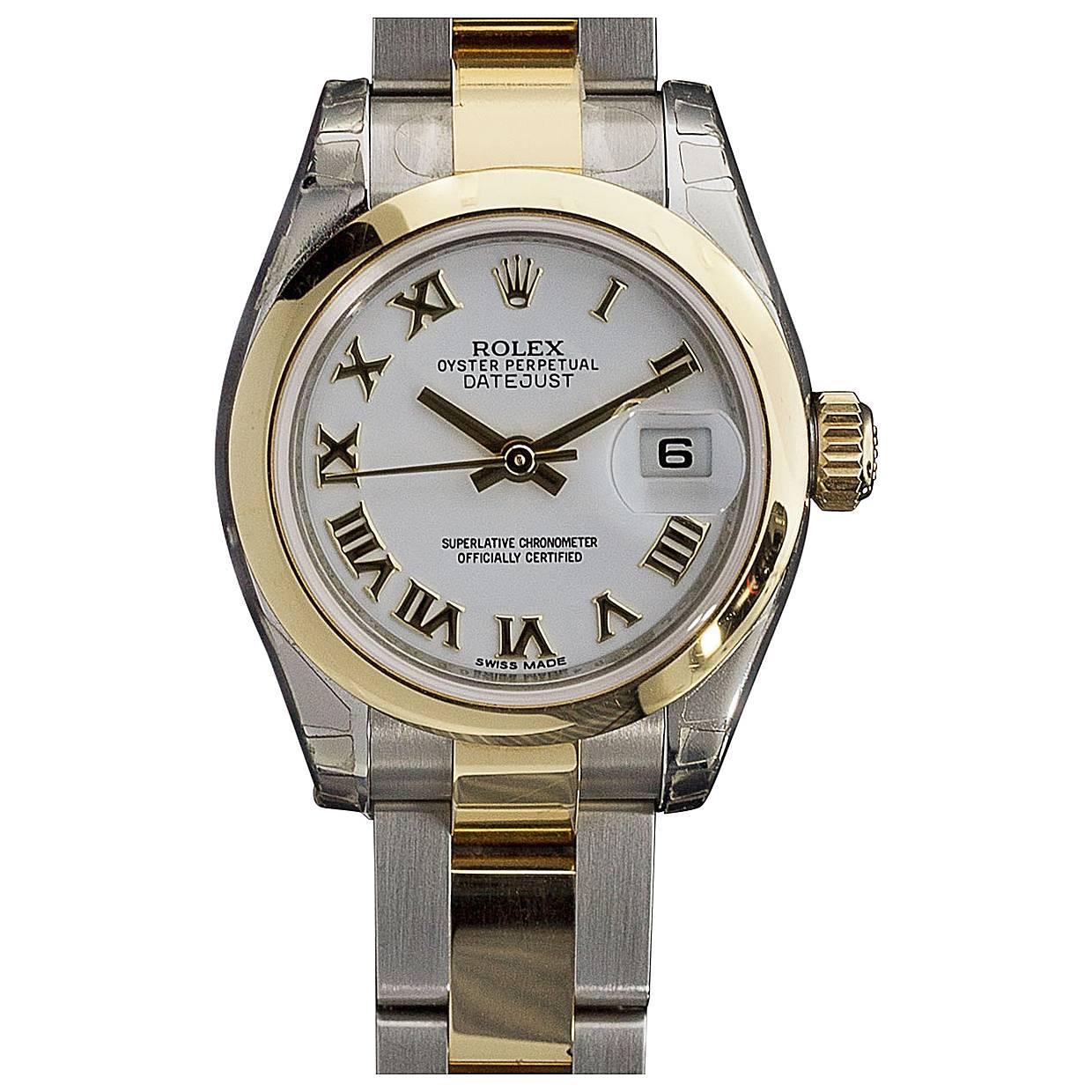 New Ladies Rolex Two Tone 26mm Oyster Datejust White Roman Dial Watch 179163