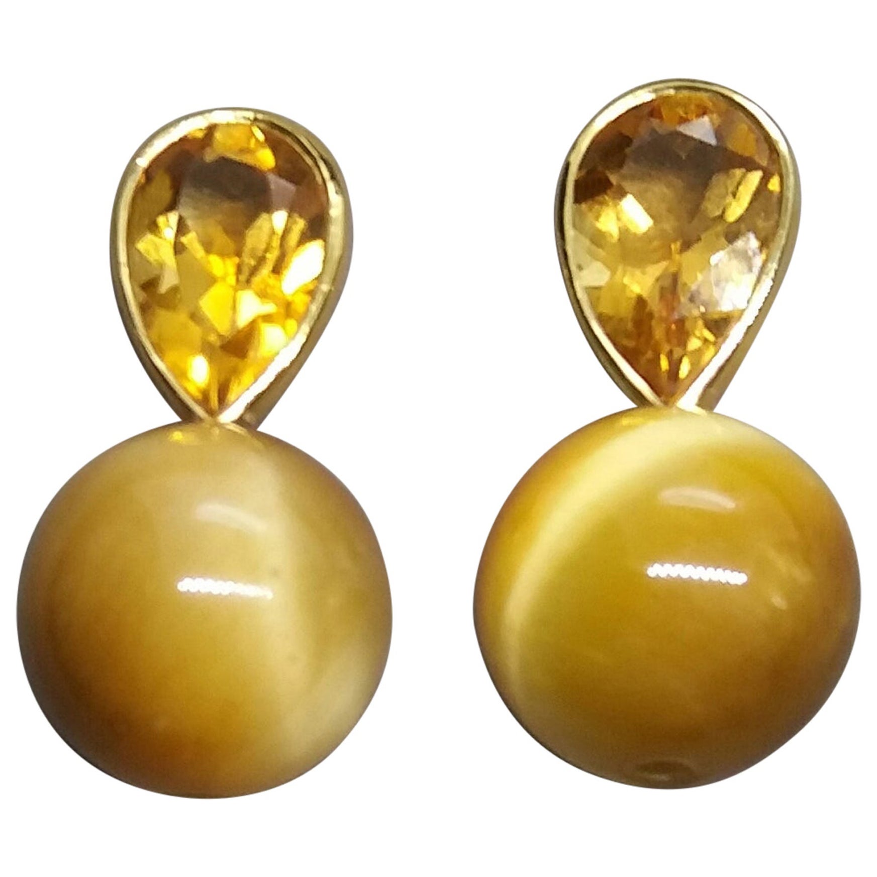 14 K Gold Pear Shape Faceted Citrine Golden Tiger Eye Round Beads Stud Earrings For Sale