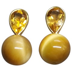 14 K Gold Pear Shape Faceted Citrine Golden Tiger Eye Round Beads Stud Earrings