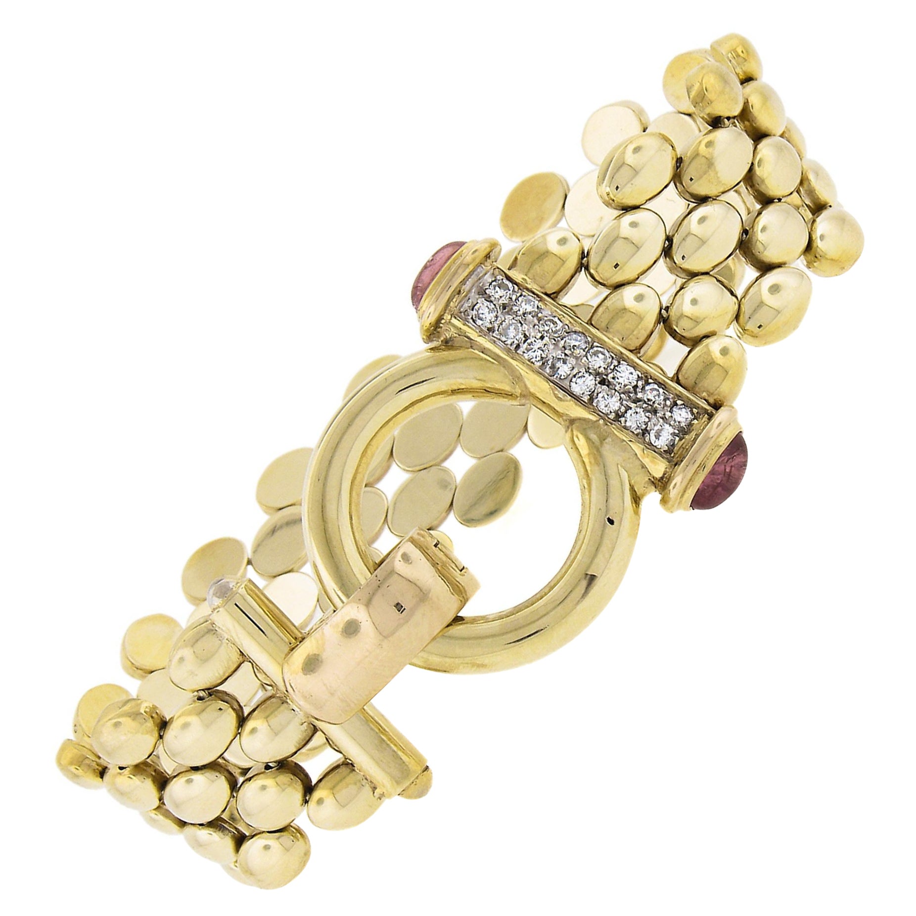 14K Yellow Gold Diamond & Tourmaline 5 Row Polished Oval Link Chain Bracelet For Sale