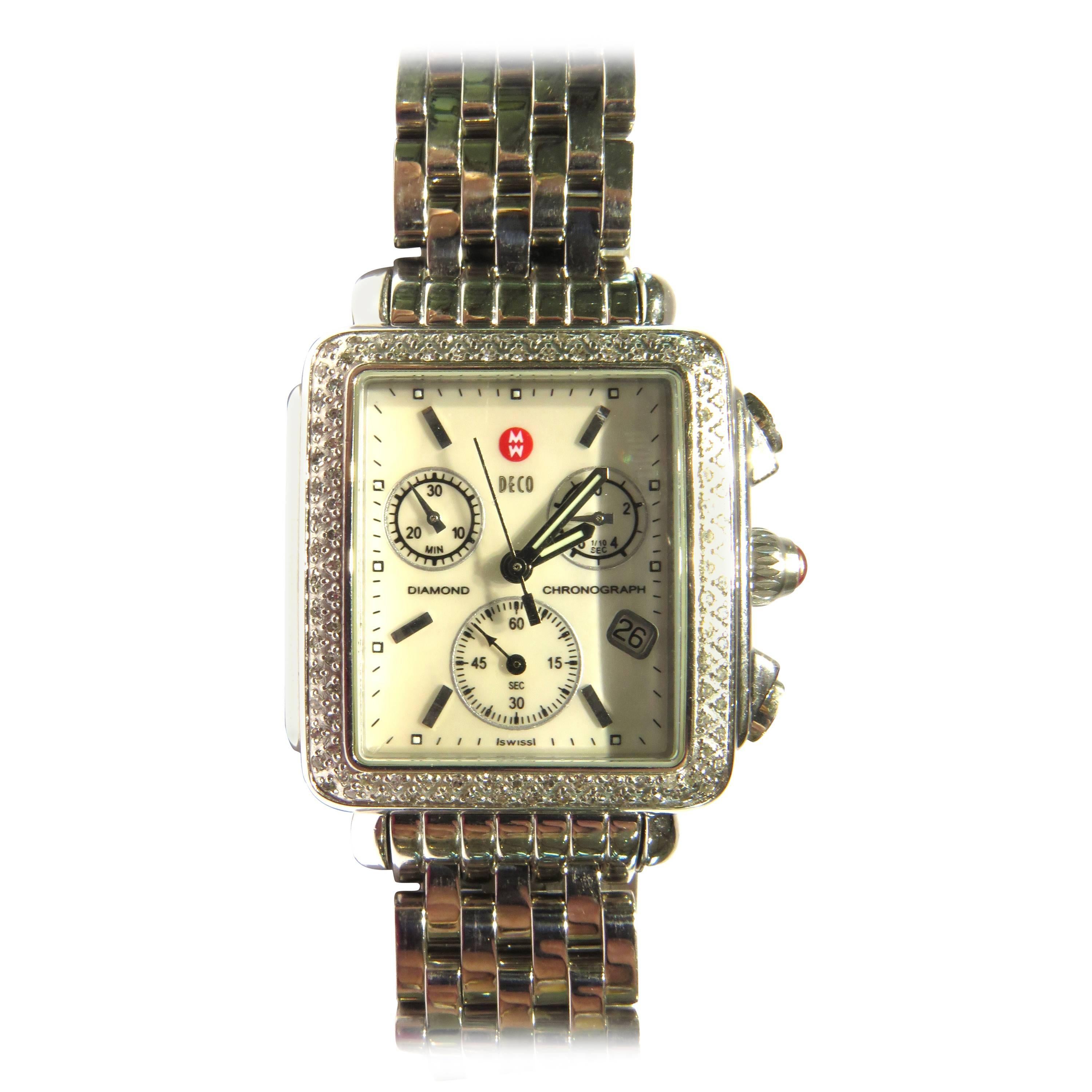 Michele Watch Diamond Mother of Pearl Chronograph Large Stainless Bracelet Watch