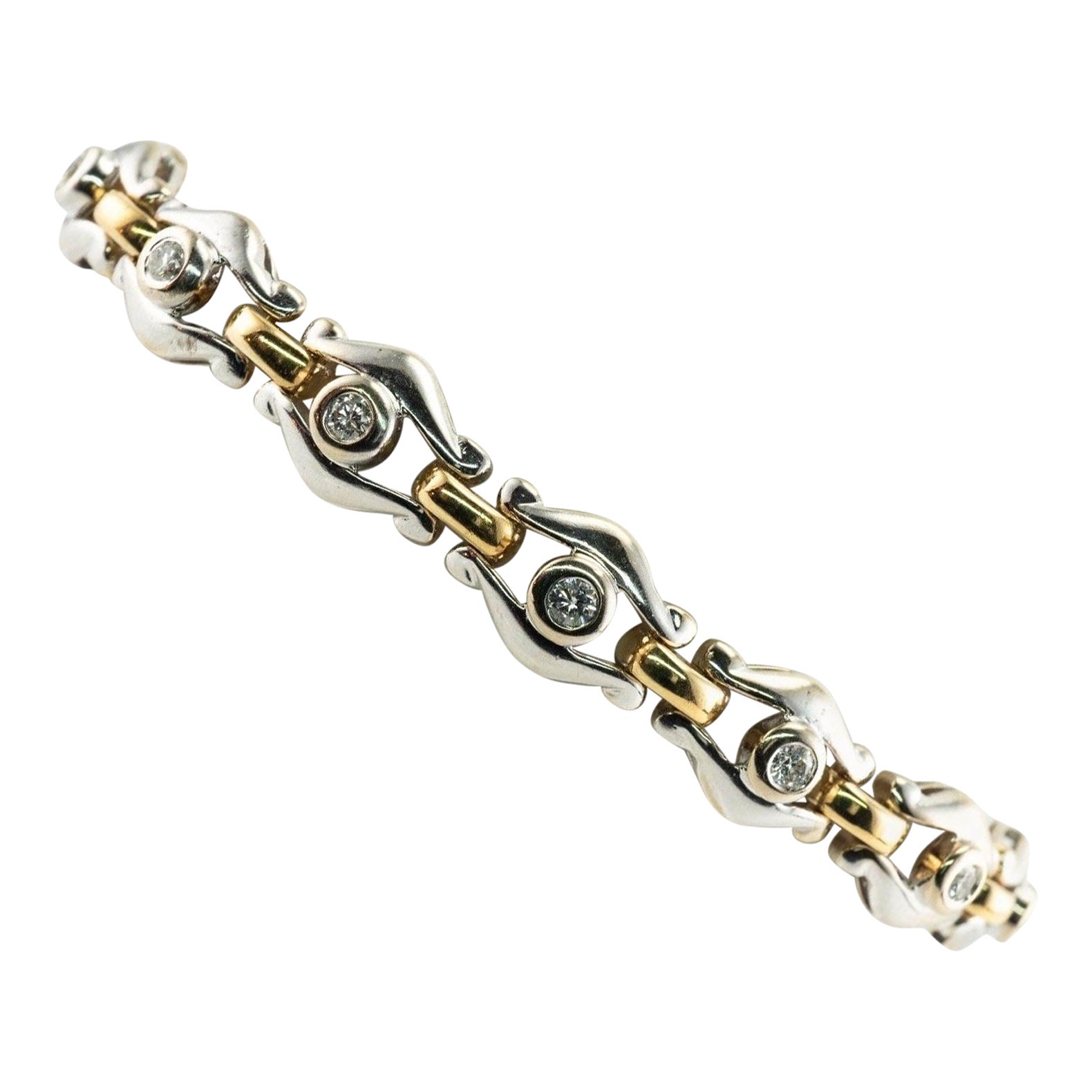 Bracelet vintage en or blanc et jaune 14 carats avec diamants 1,40 TDW en vente