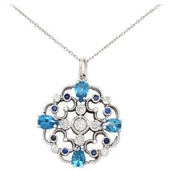 14k White Gold Blue Zircon & Diamond Filigree Pendant Necklace