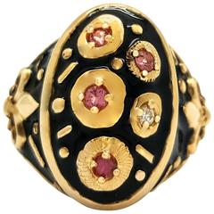 14k Yellow Gold, Pink Sapphire, Diamond and Black Enamel Ring