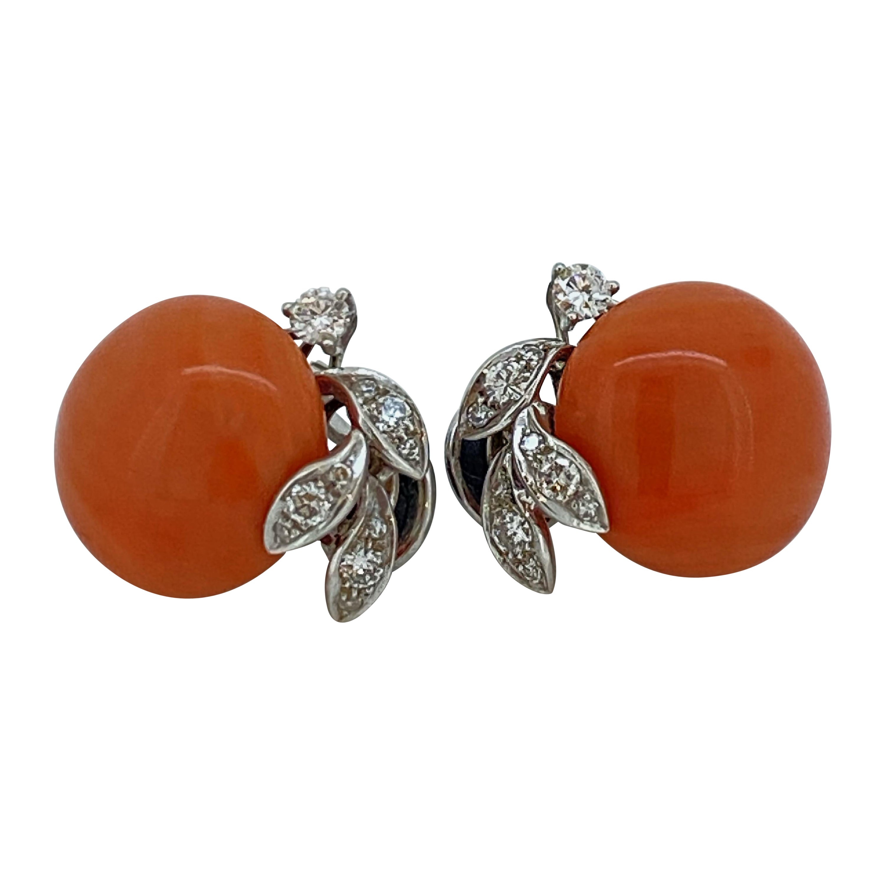 16.5mm Natural Mediterranean Coral & Diamond Earrings / Clips in 18K White Gold For Sale