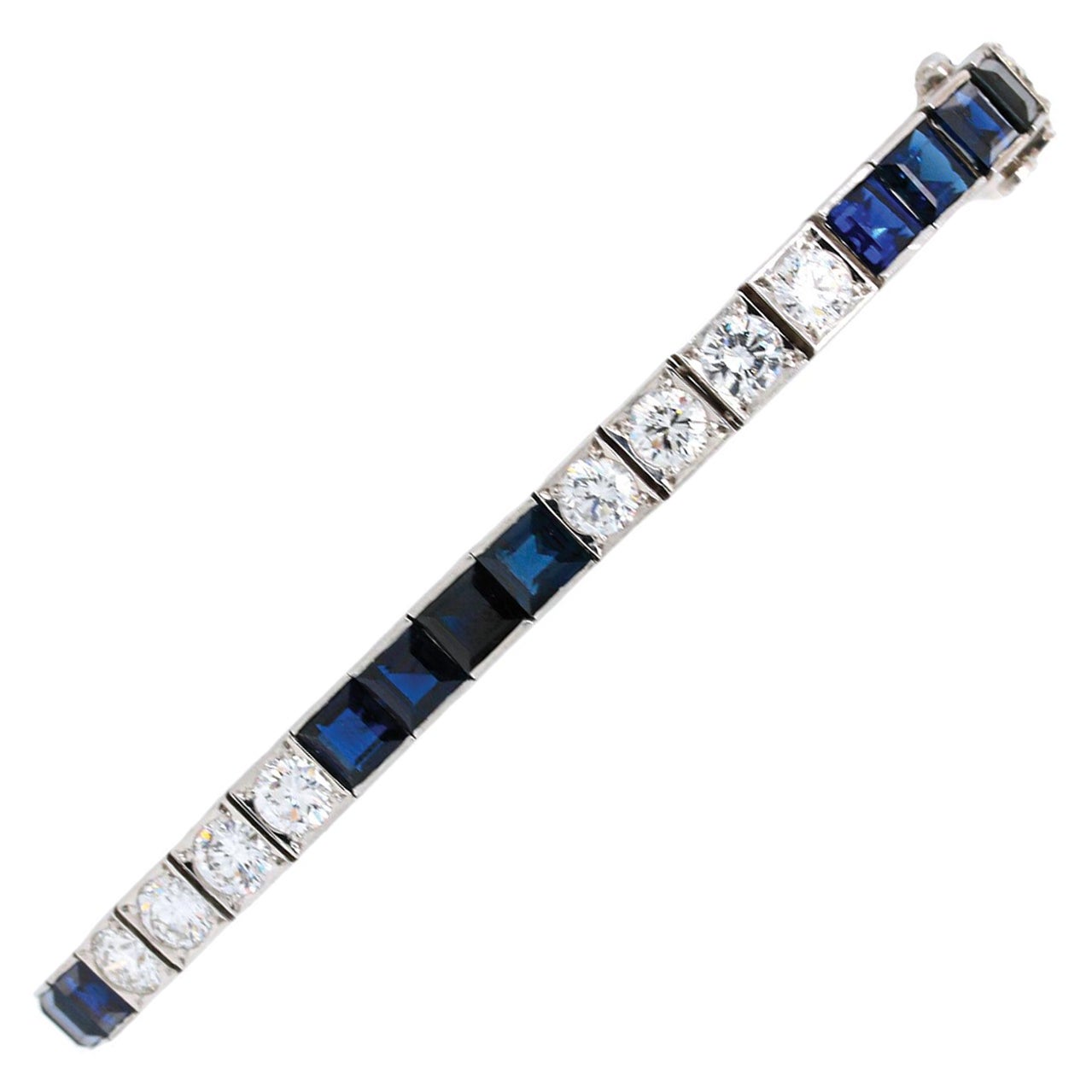 Mid-Century Blue Sapphire & Diamond Platinum Line Armband