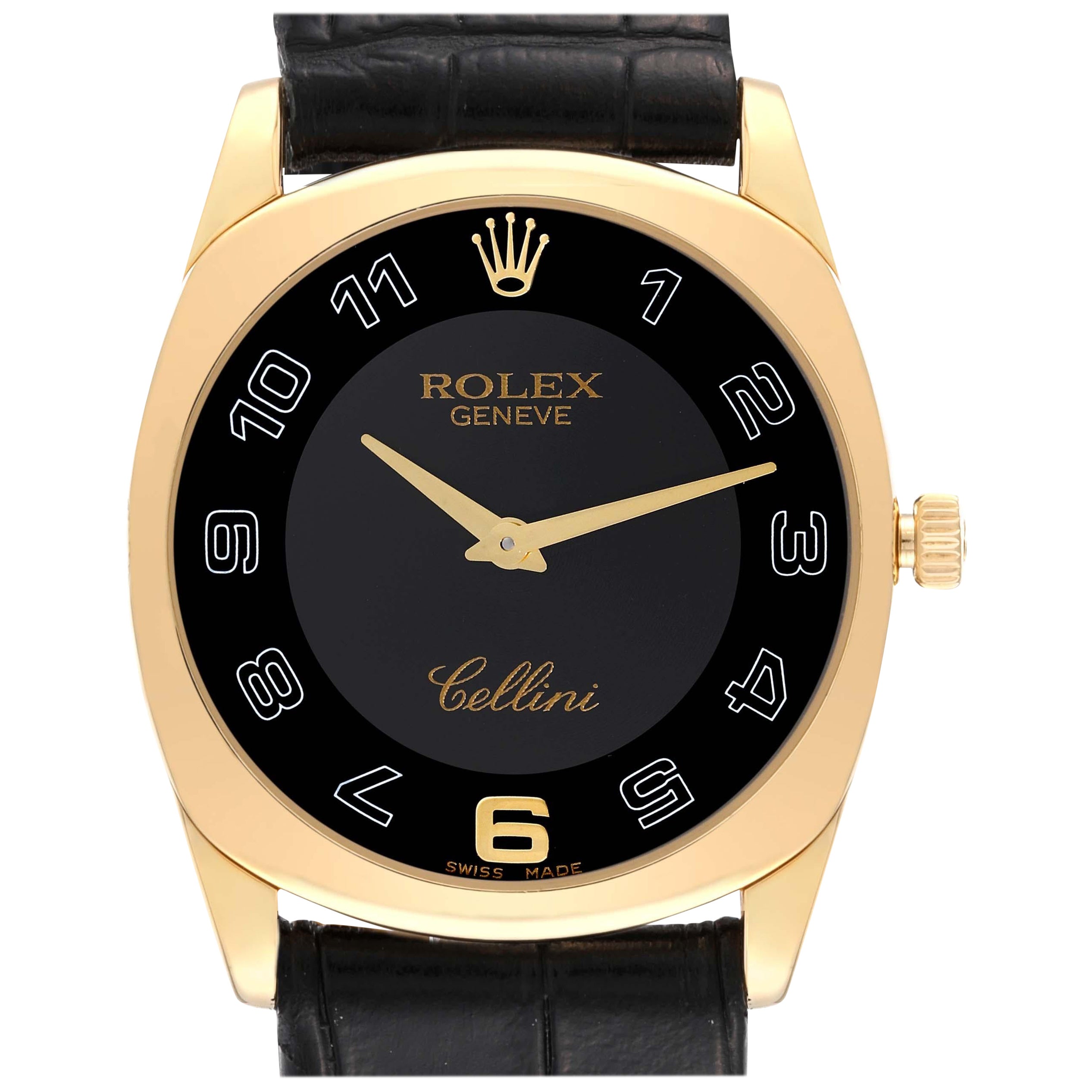 Rolex Cellini Danaos Yellow Gold Black Strap Mens Watch 4233 Card