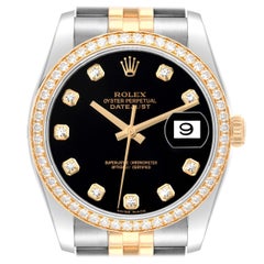 Rolex Datejust Black Dial Steel Yellow Gold Diamond Mens Watch 116243