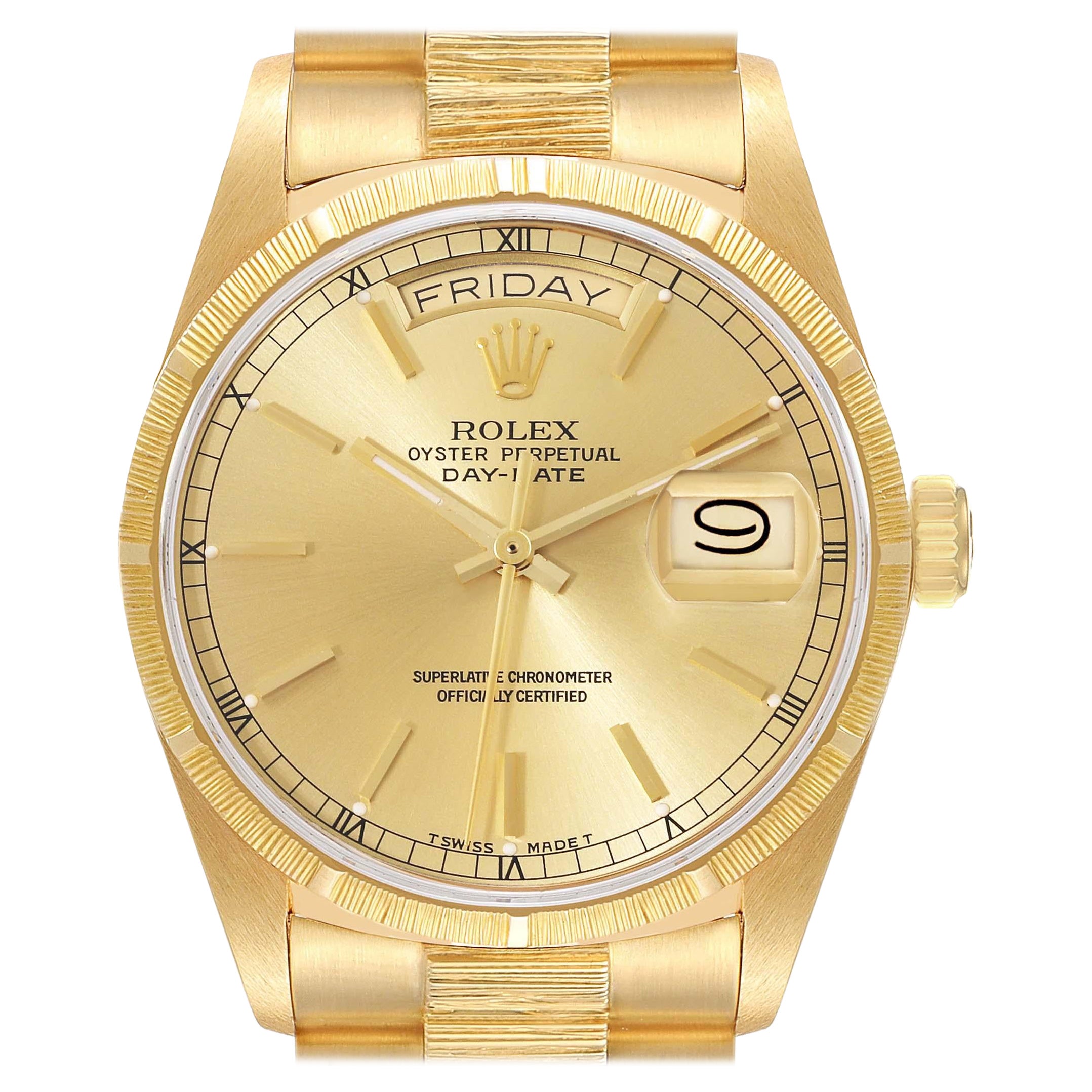 Rolex President Day-Date Yellow Gold Bark Finish Mens Watch 18078 For ...