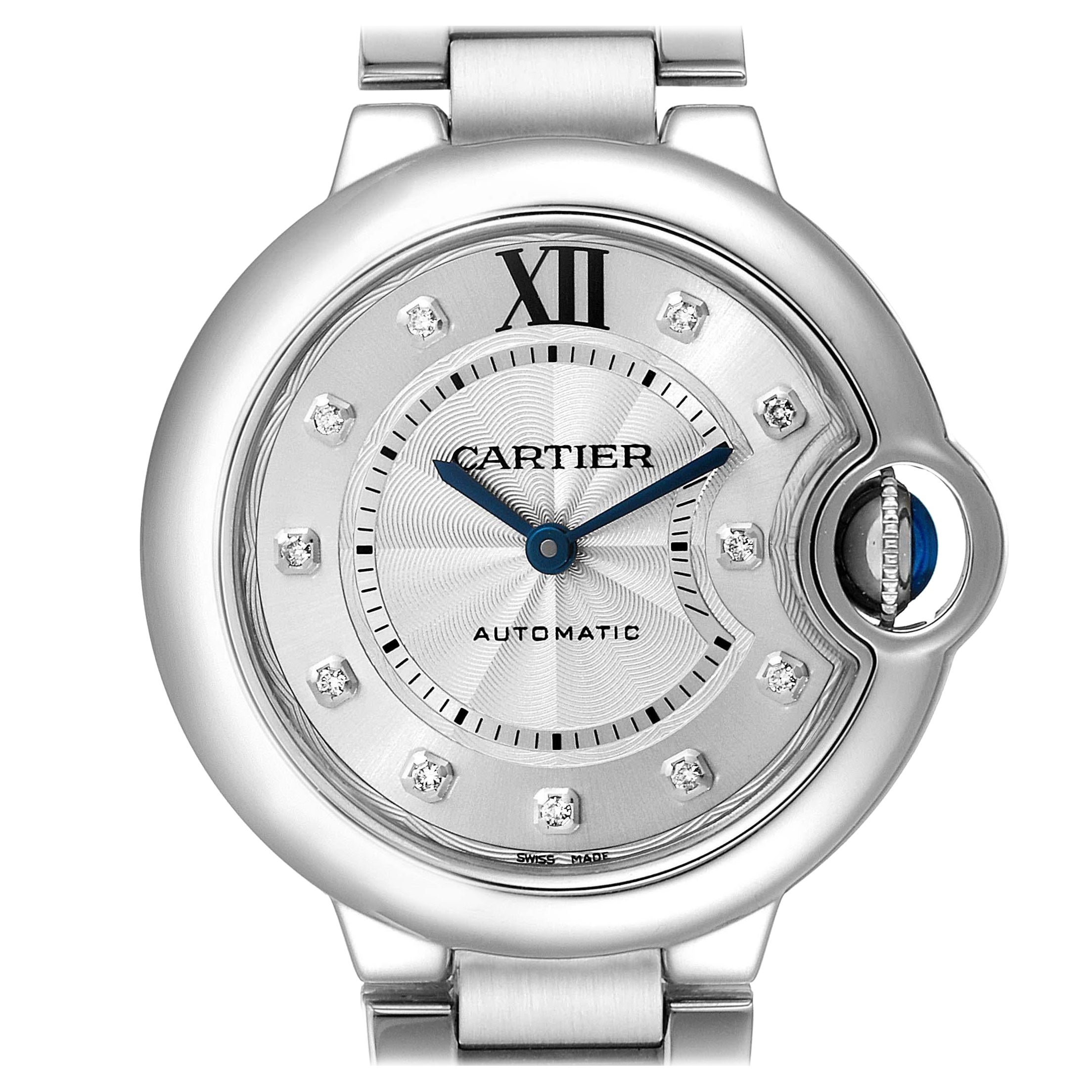 Cartier Ballon Bleu 33mm Automatic Diamond Steel Watch WE902074 Box Papers