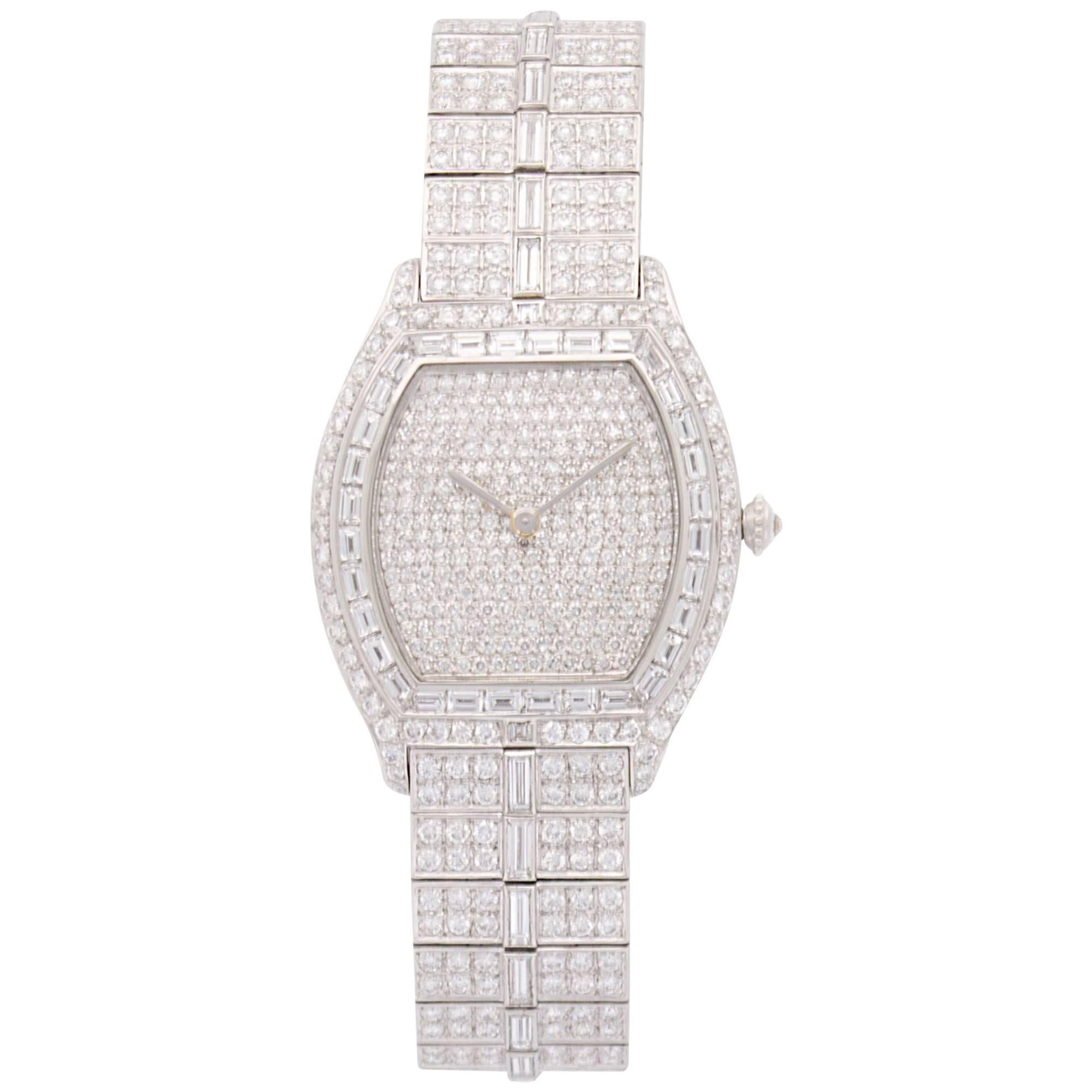 Lady's Cartier Platinum Tortue Full Diamond Bracelet Watch  For Sale