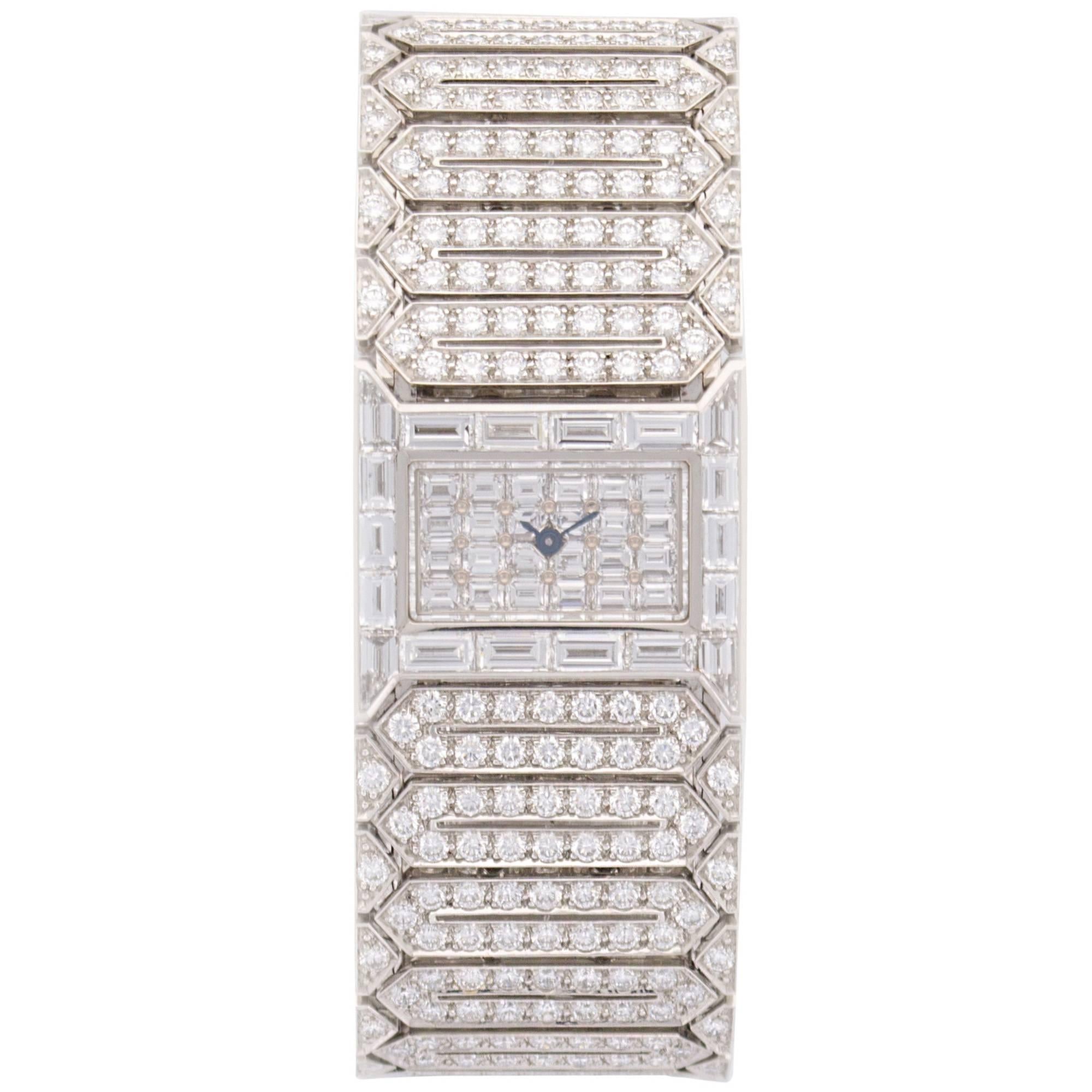 A Lady's Platinum Cartier Wide Bracelet Full Diamond Wristwatch