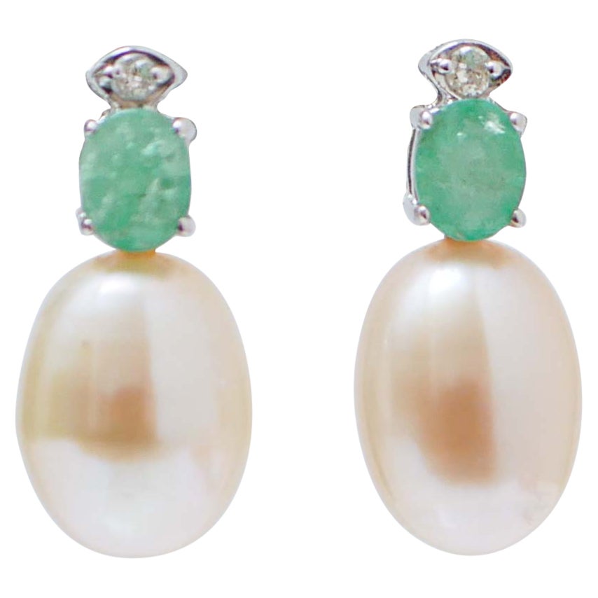Emeralds, Diamonds, Pearls, 18 Karat White Gold Earrings. For Sale