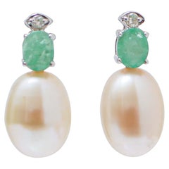 Retro Emeralds, Diamonds, Pearls, 18 Karat White Gold Earrings.