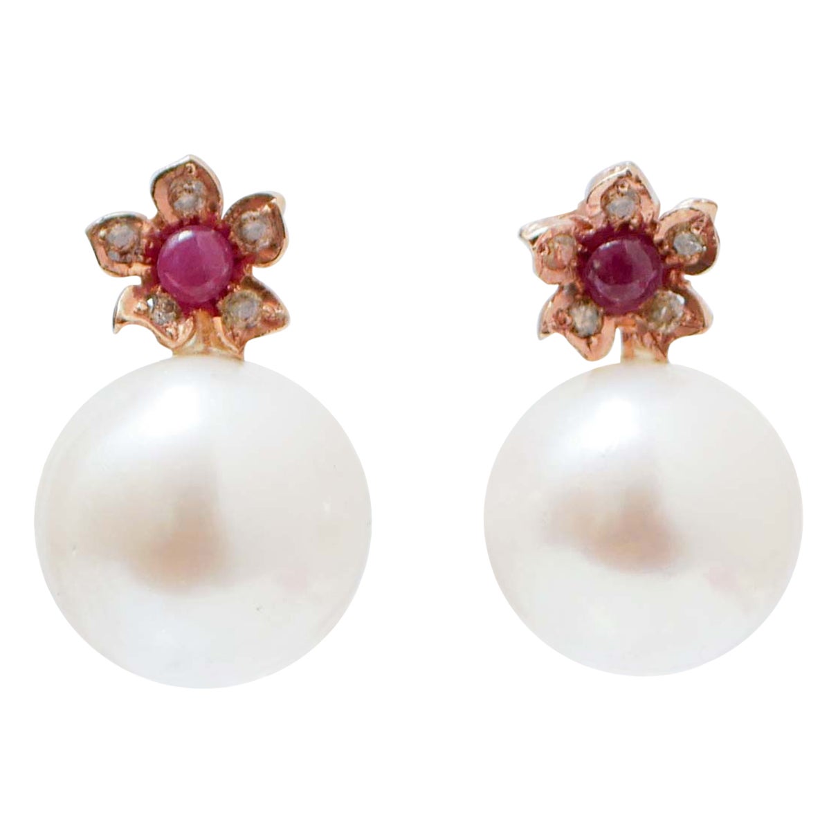 White Pearls, Rubies, Diamonds, Rose Gold Earrings.