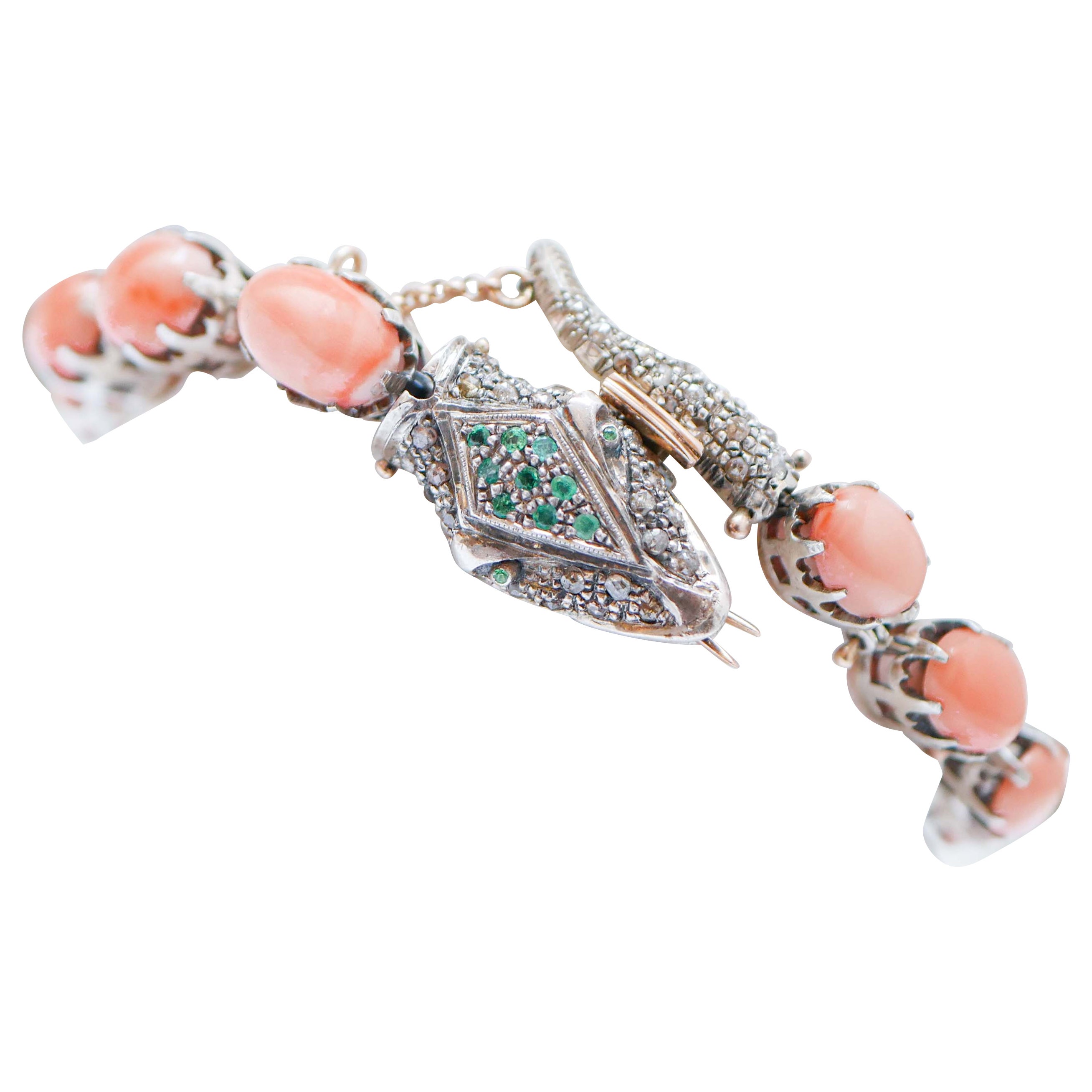 Corals, Emeralds, Tsavorite, Diamonds, Rose Gold and Silver Snake Bracelet For Sale