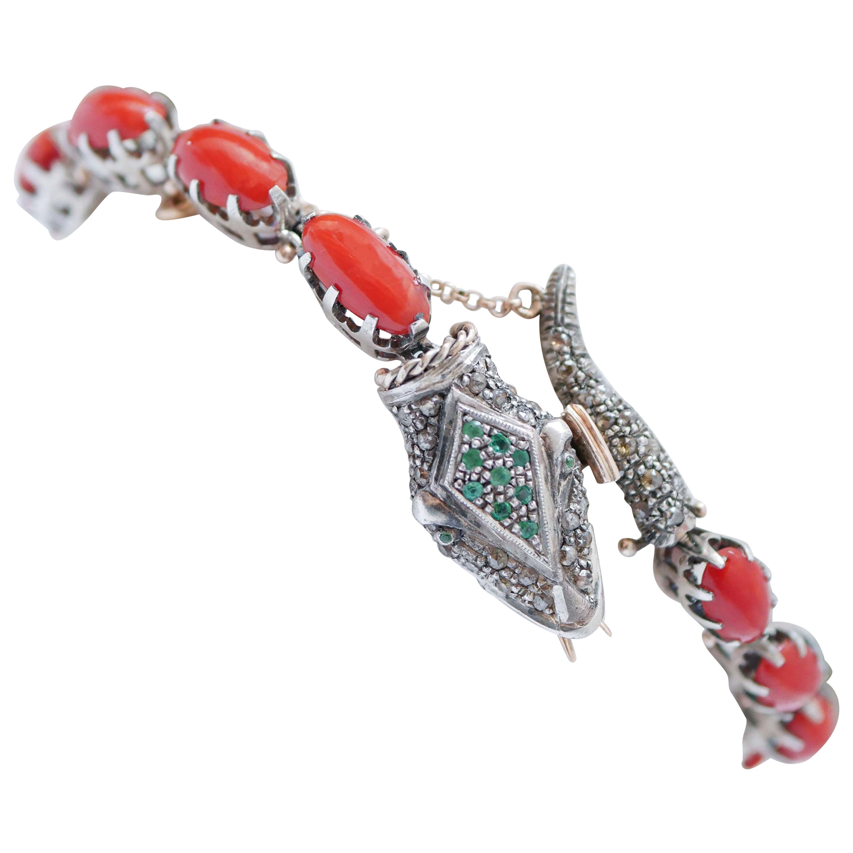 Coral, Tsavorite, Emeralds, Diamonds, Rose Gold and Silver Snake Bracelet. For Sale
