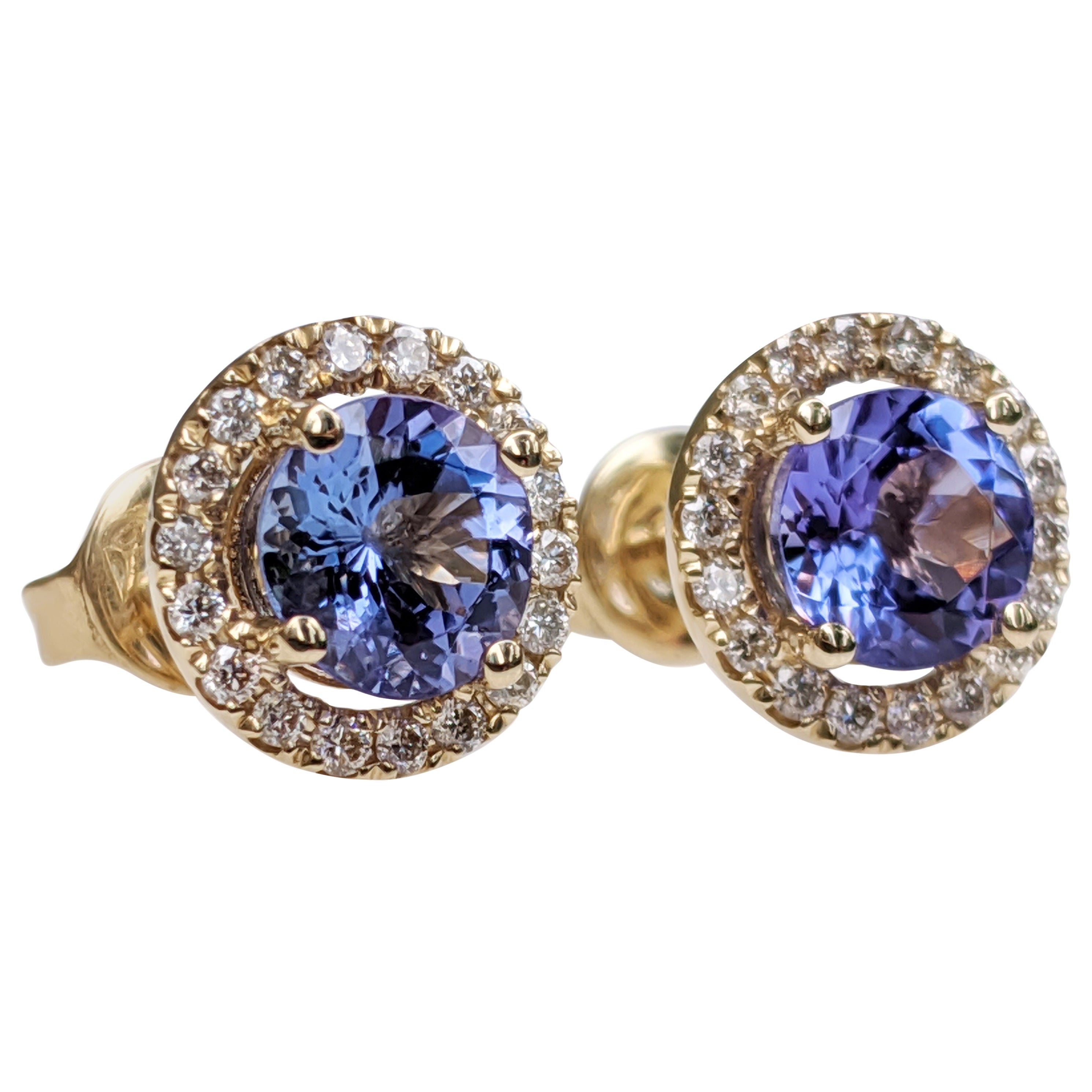 $1 NO RESERVE!  1.70cttw Tanzanite & 0.25Ct Diamonds - 14k Yellow Gold Earrings