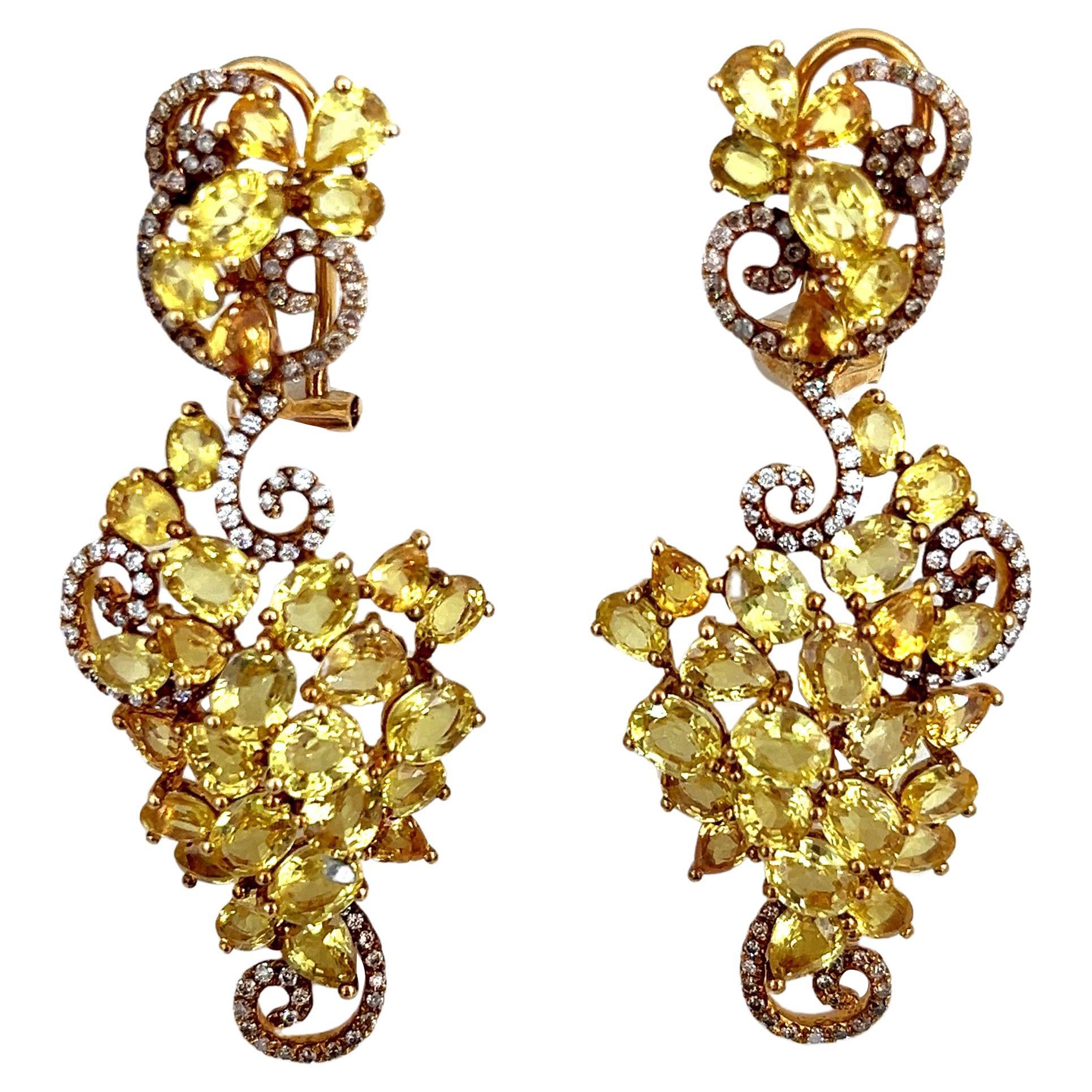 23.98 ct Natural Yellow Sapphire & Diamond Dangle Earrings For Sale