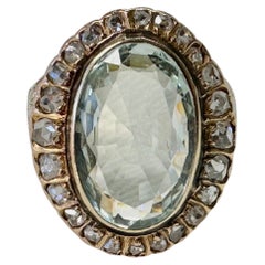 Antique 4.5 Carat Aquamarine 24 Rose Cut Diamond Halo Ring Gold Victorian Cocktail