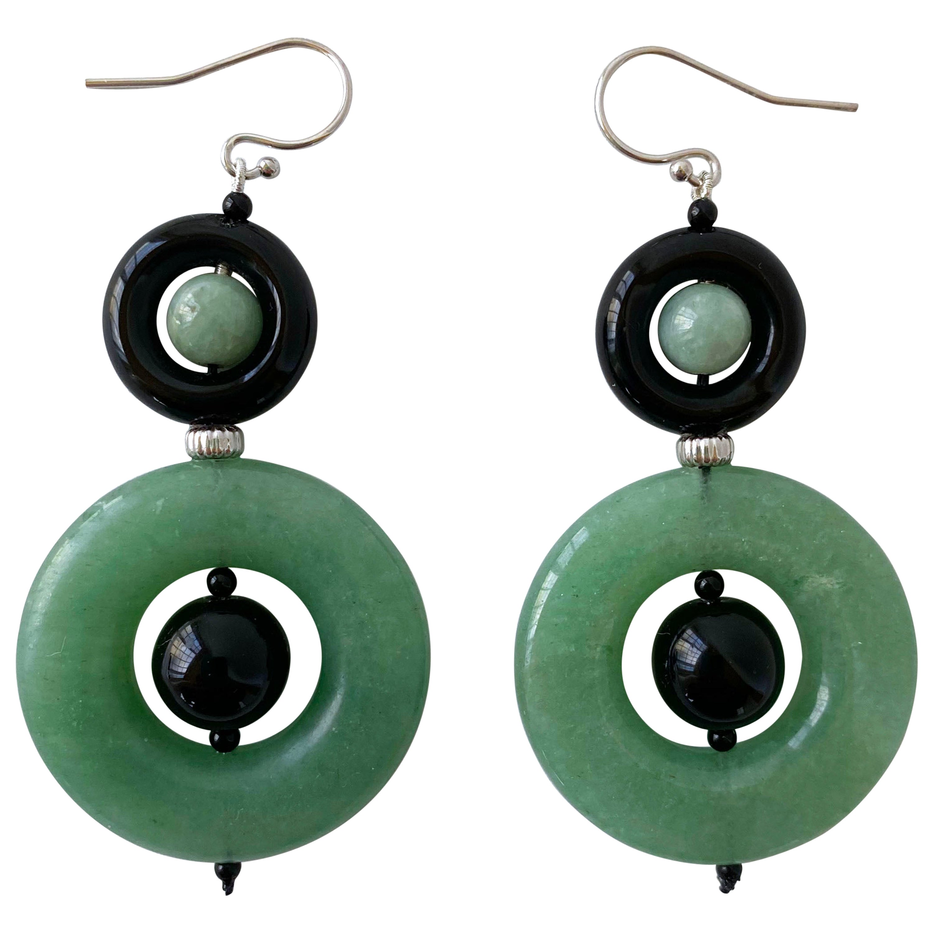Marina J. Green Jade & Black Onyx Dangle Earrings with solid 14k White Gold Hook For Sale