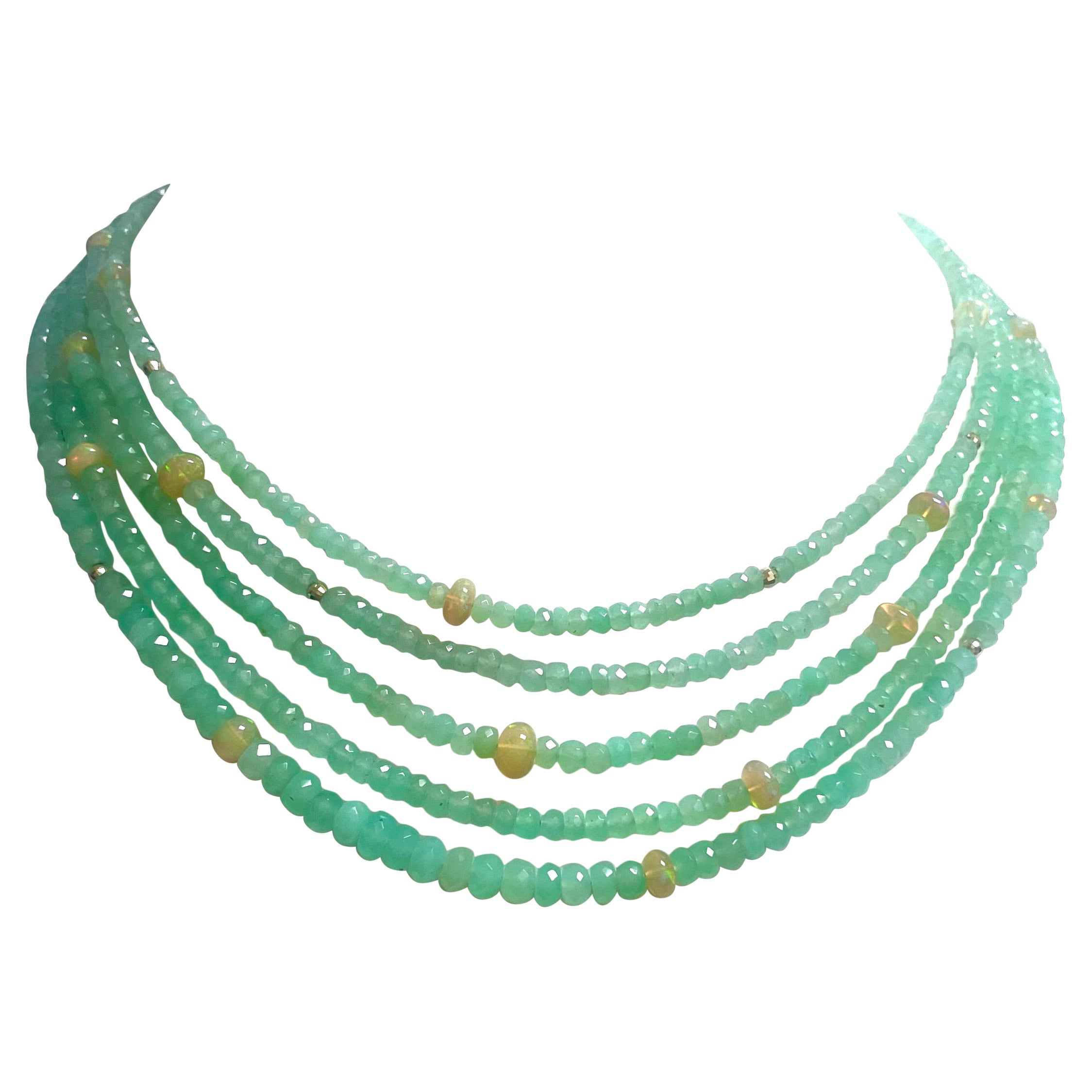 Mehrstrangige Paradizia-Halskette mit grünem Chrysopras mit gelben Opalen im Angebot