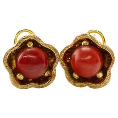 Retro Natural Coral Earrings 18k Gold Italy Omega Backings