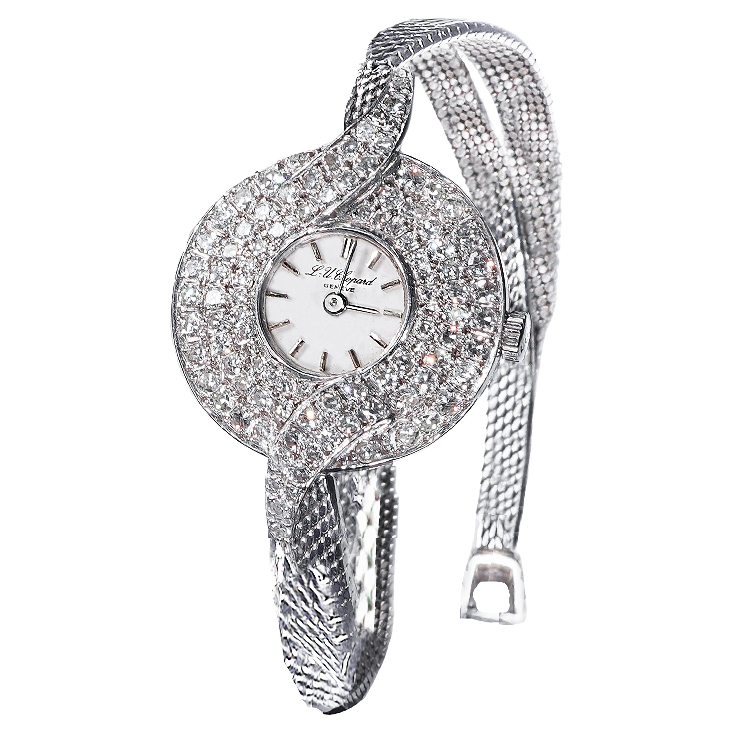 1960s Chopard 18kt White Gold Triple Diamond Row "TWIST" Motif Bracelet Watch For Sale