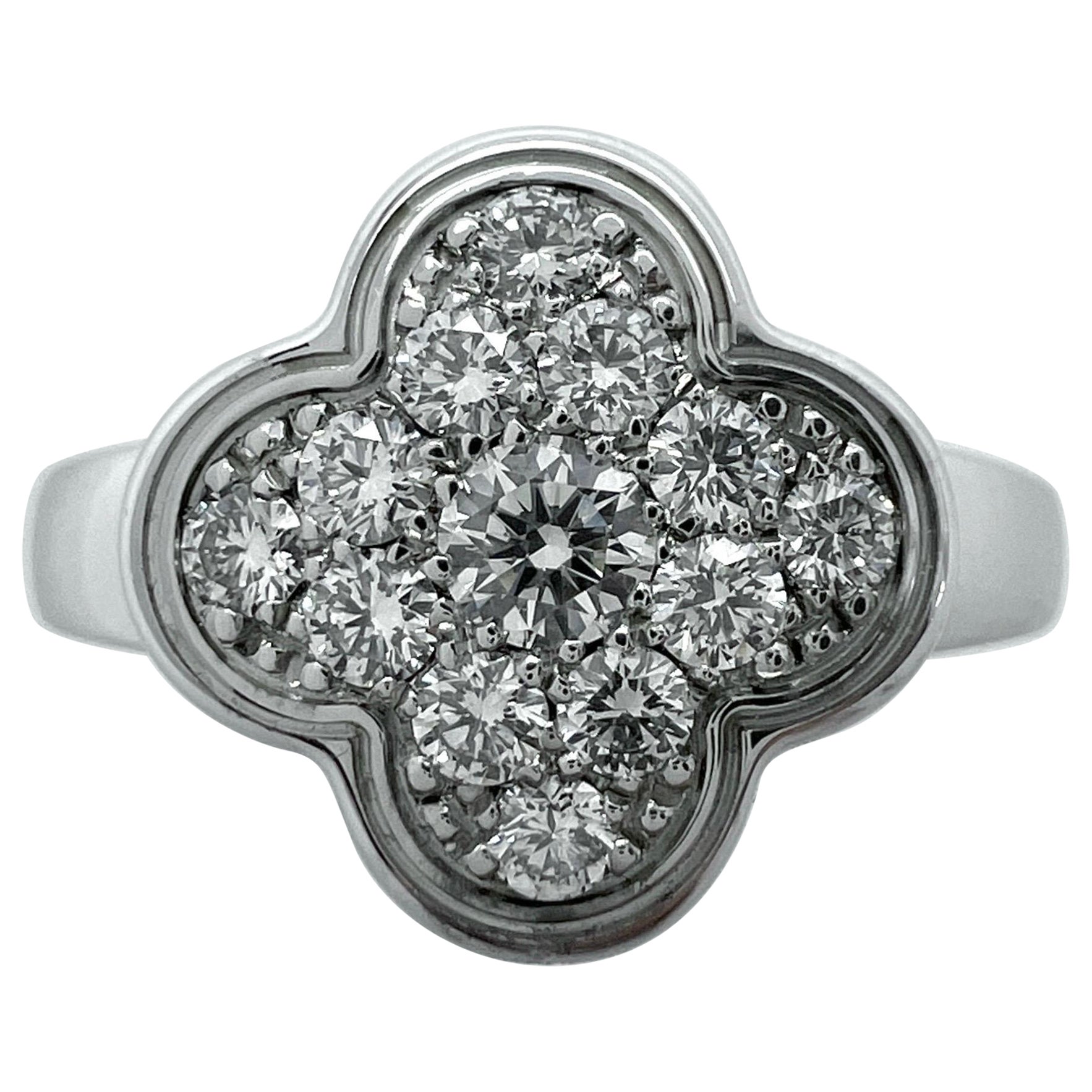 Rare Vintage Van Cleef & Arpels Pure Alhambra Diamond Flower 18k White Gold Ring For Sale