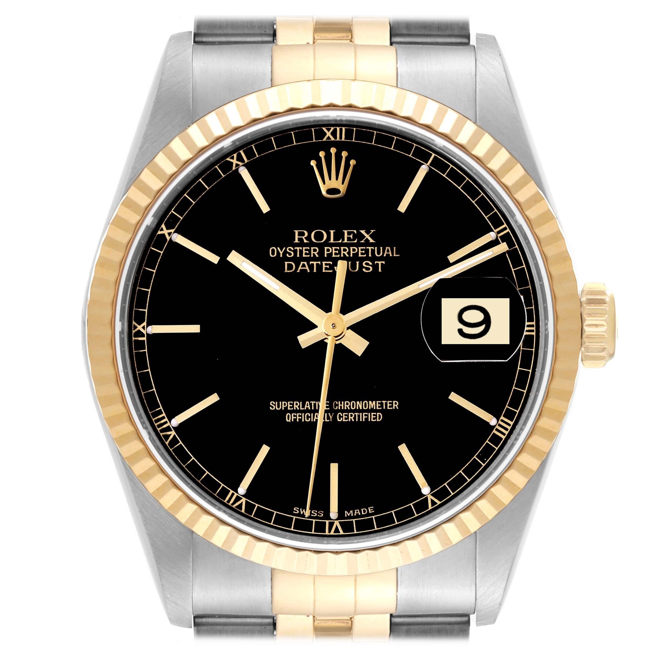 Rolex Datejust 36 Steel Yellow Gold Black Dial Mens Watch 16233