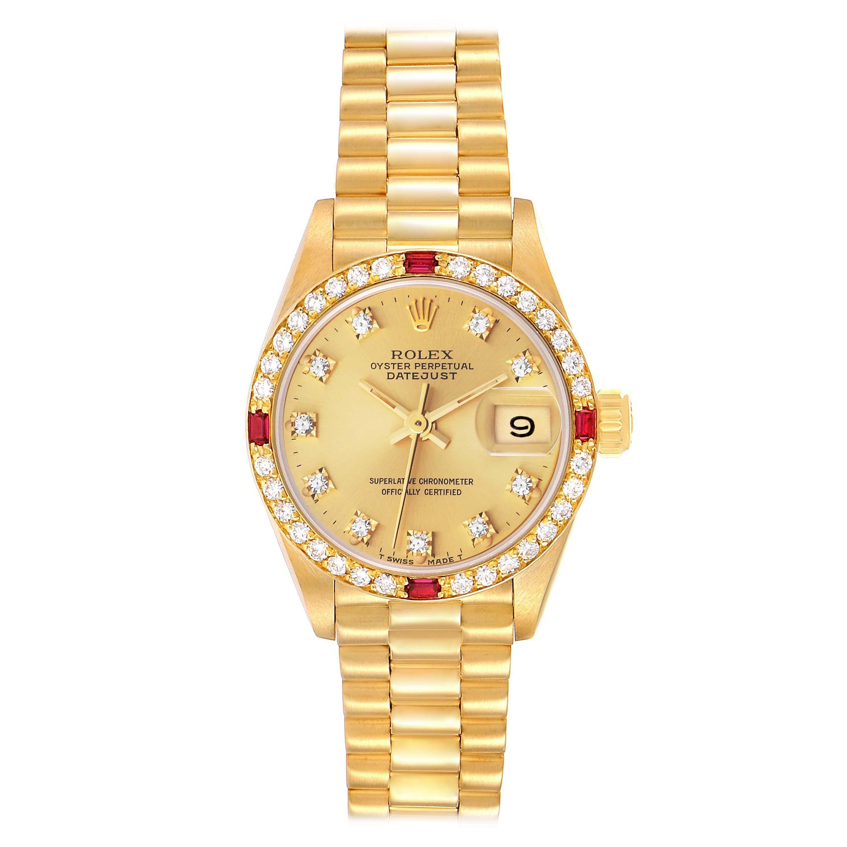 Rolex President Datejust Yellow Gold Diamond Ruby Ladies Watch 69068