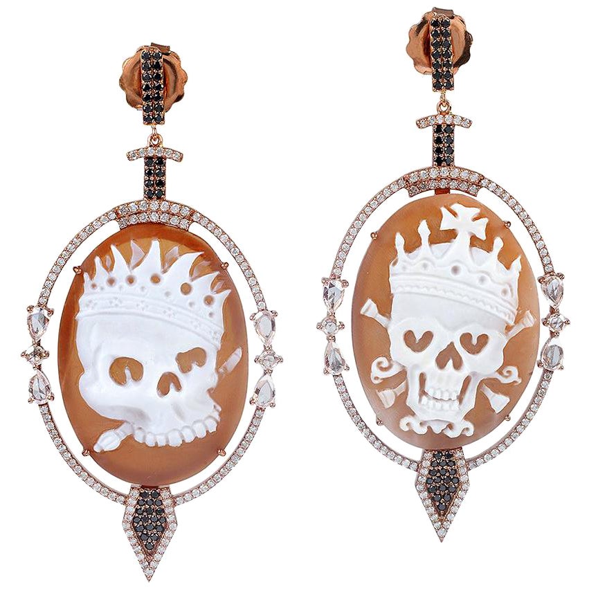 Skull Cameo Earrings With Diamonds Made in 18k Gold & Silver