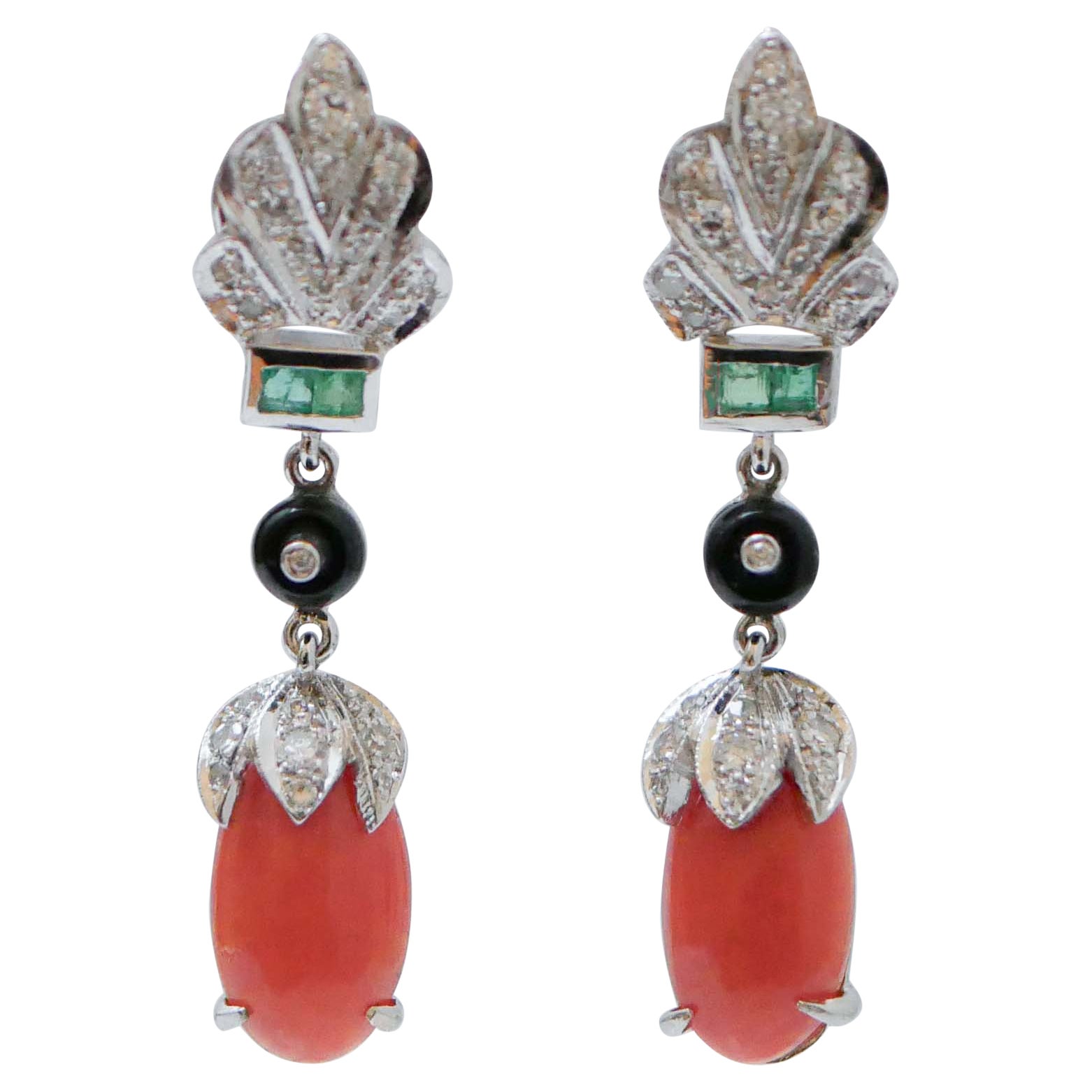 Coral, Onyx, Diamonds, Emeralds, Platinum Dangle Earrings. For Sale