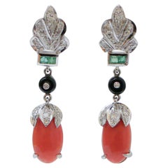 Vintage Coral, Onyx, Diamonds, Emeralds, Platinum Dangle Earrings.
