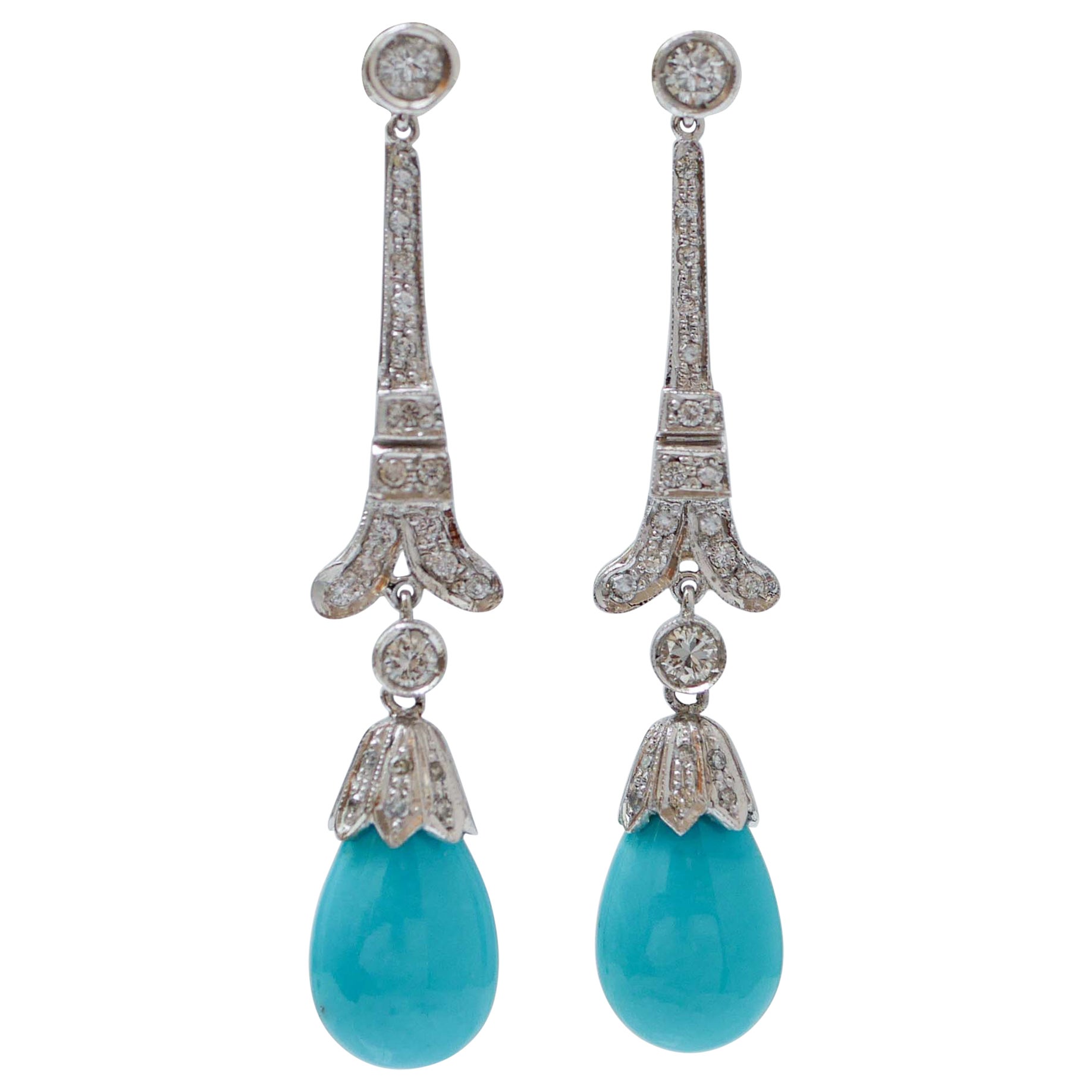 Turquoise, Diamonds, Platinum Dangle Earrings. For Sale