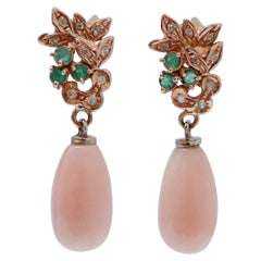 Coral, Emeralds, Diamonds, 14 Karat Rose Gold Earrings.