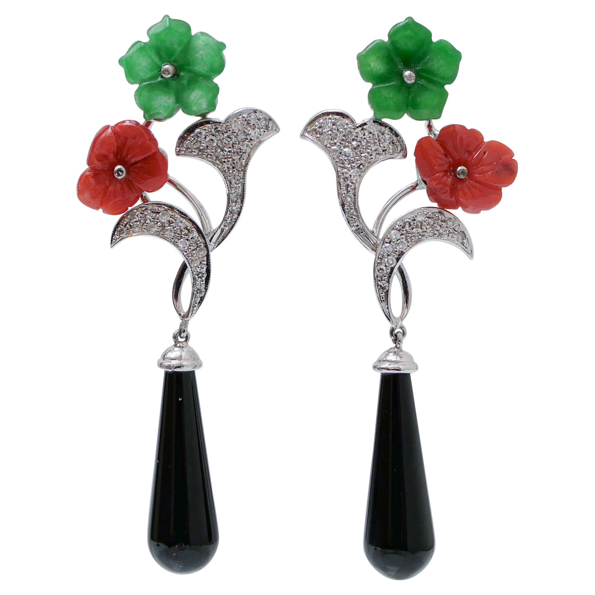 Coral, Jade, Onyx, Diamonds, Platinum Earrings.