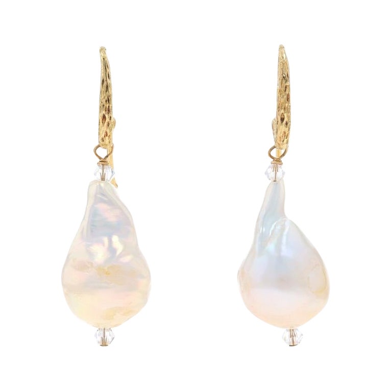 Yellow Gold Cultured Pearl & Crystal Dangle Earrings - 14k Pierced For Sale