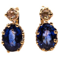 Art Deco Style White Rose Cut Diamond Blue Sapphire Yellow Gold Dangle Earrings
