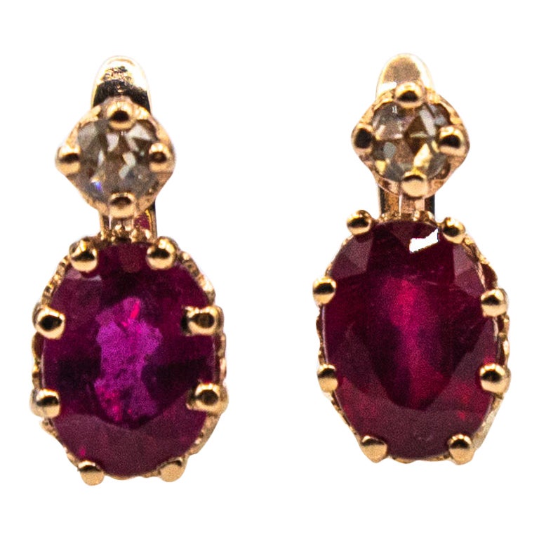 Art Deco Style White Rose Cut Diamond Ruby Yellow Gold Lever-Back Earrings