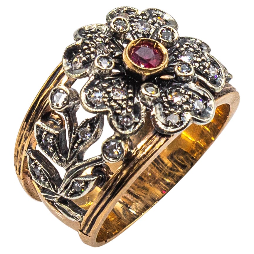 Art Deco Style Handcrafted White Diamond Ruby Yellow Gold Band "Flower" Ring For Sale