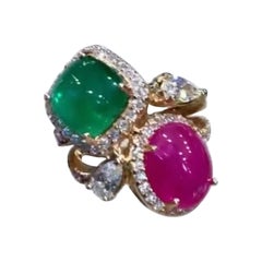 AIG Certified 5.50 Carats Burma Ruby  4.60 Zambian Emerald  Diamonds 18K Ring 