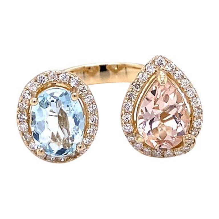 "Toi et Moi" Morganite Aquamarine and Diamond Yellow Gold Cocktail Ring For Sale