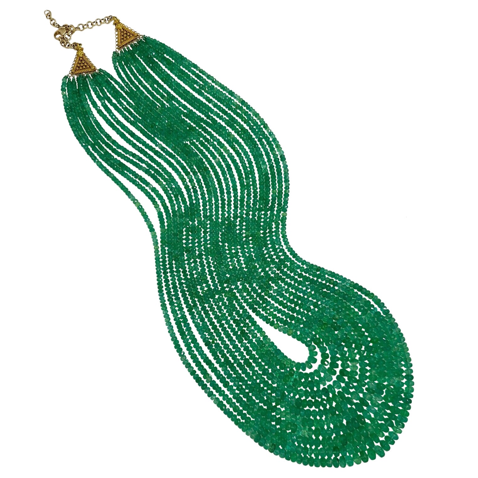 GIA Colombian Emerald Bead Multistrand Necklace 18k Yellow Gold en vente