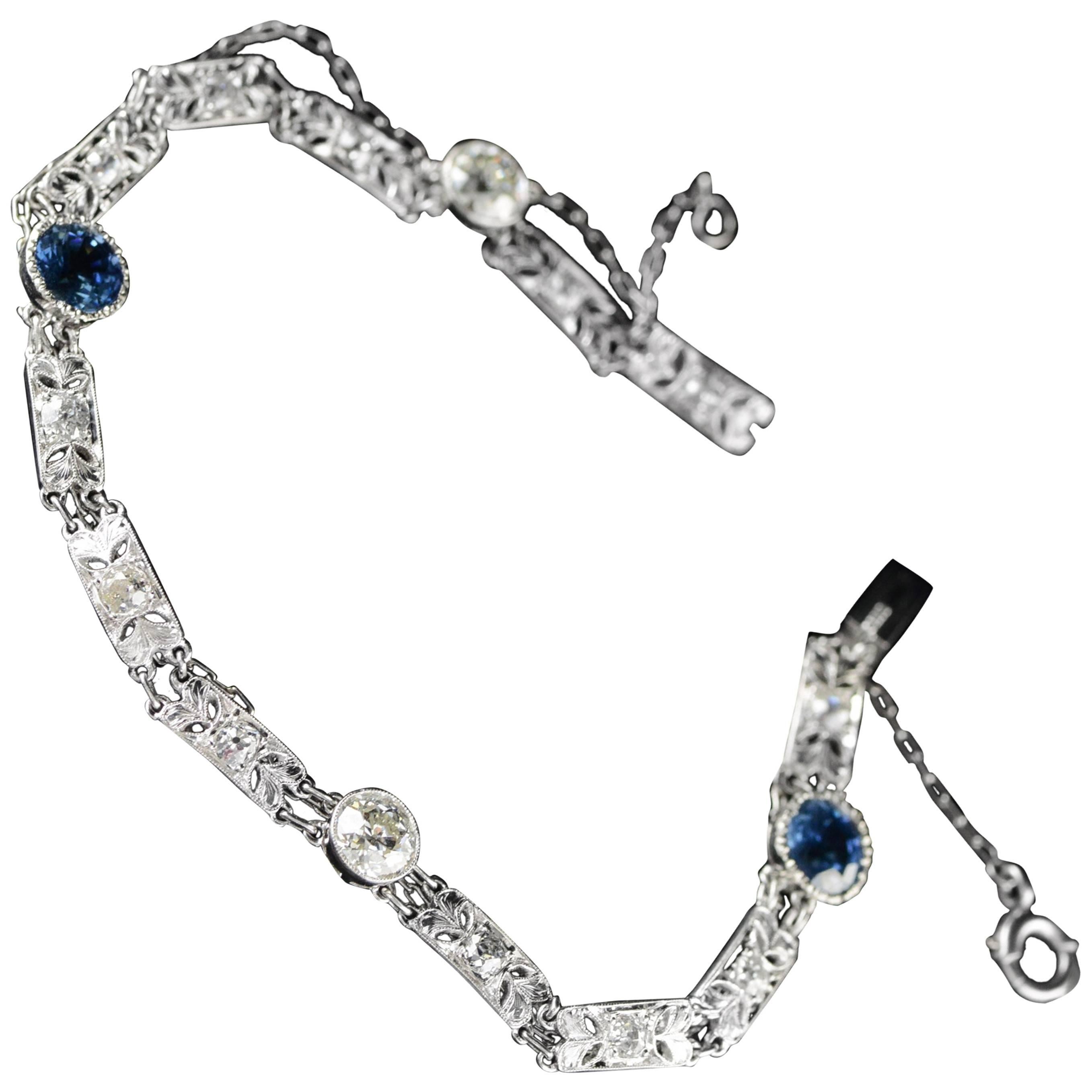  Platinum Filigree Diamond  Sapphire Bracelet