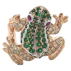 Bague grenouille en or rose 18K avec diamant et grenat vert