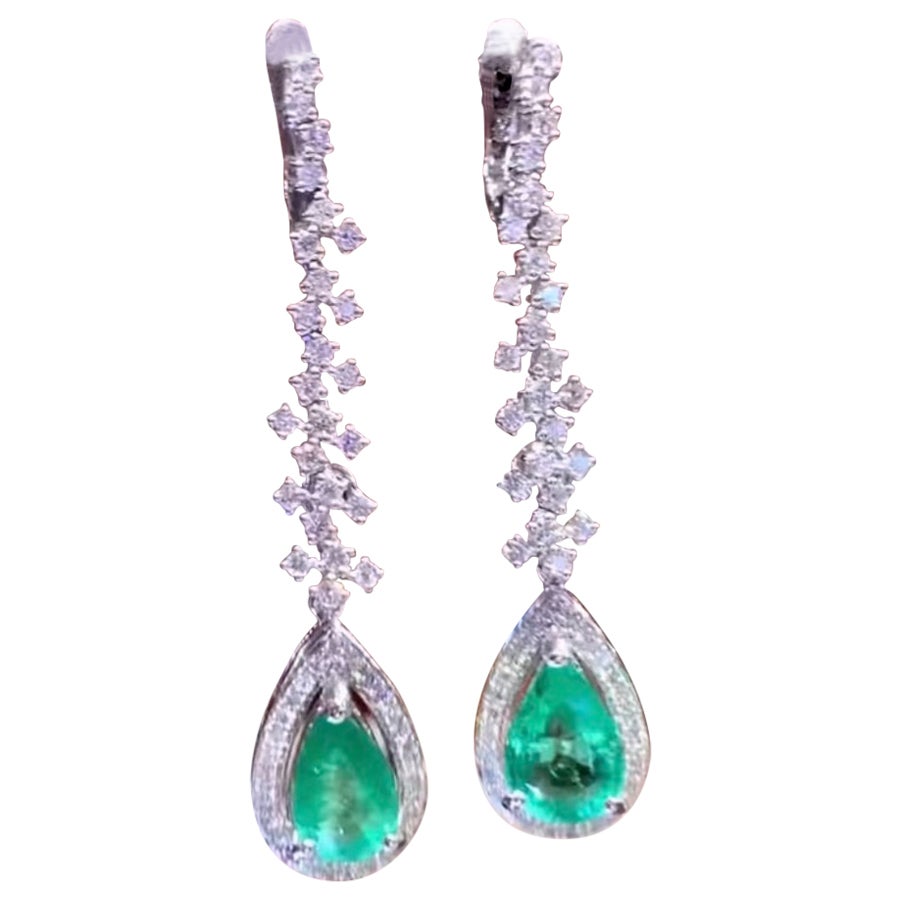 AIG Certified 6.20 Carats Zambian Emeralds   1.75 Ct Diamonds 18K Gold Earrings  For Sale