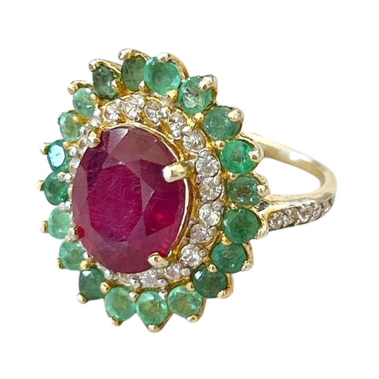Bochic Orient Vintage-Ring aus 18 Karat Gold und Silber mit Smaragd, Rubin und Diamant 