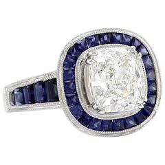 G.I.A Certified Cushion Diamond Solitaire and Blue Sapphire Halo Engagement Ring 10