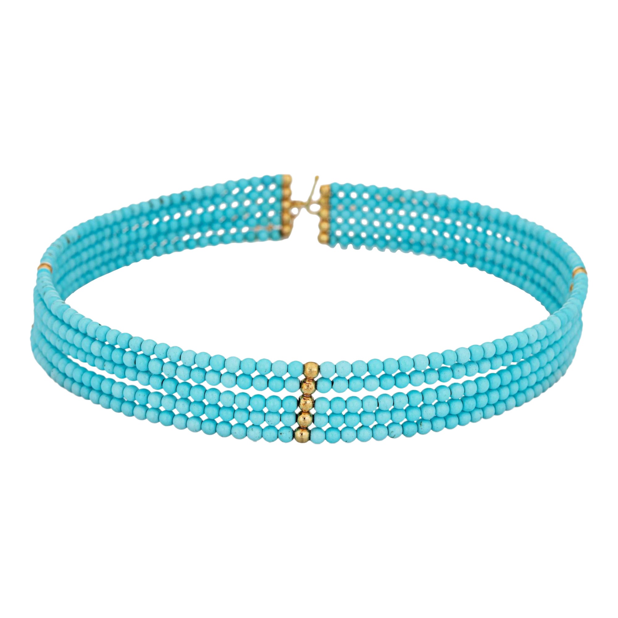 5 Strand Turquoise Choker Necklace Estate 14k Yellow Gold Statement Jewelry For Sale